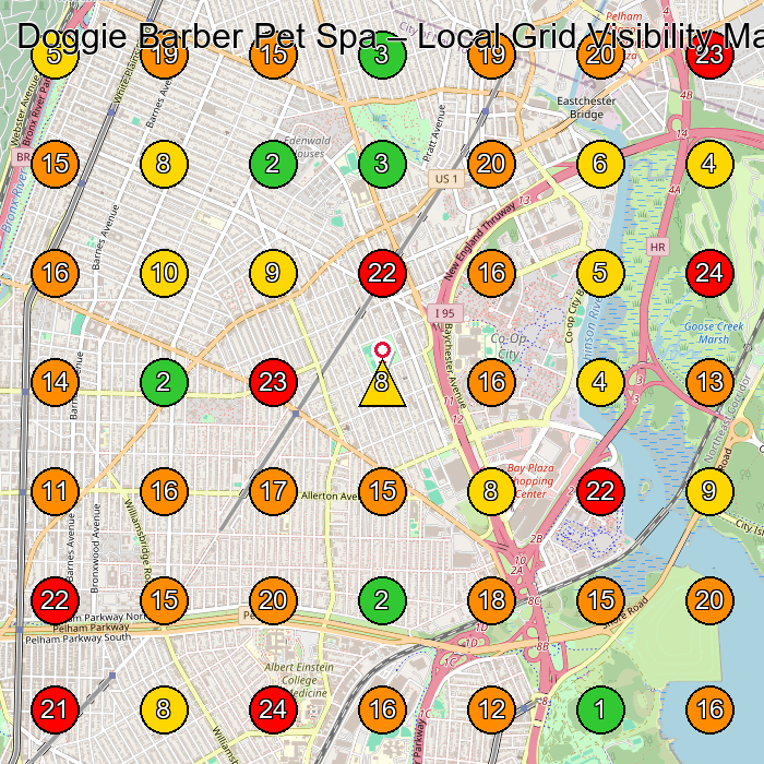 Doggie Barber Pet Spa Pet Groomer GeoGrid ranking map for Bronx NY